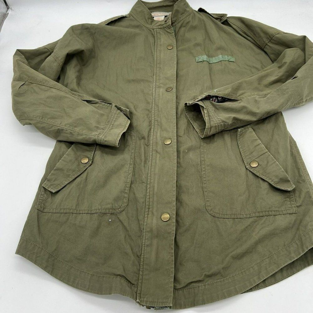 Flying Tomato Jacket Small Olive Green Full Zip Snap Pockets Drawstring Back